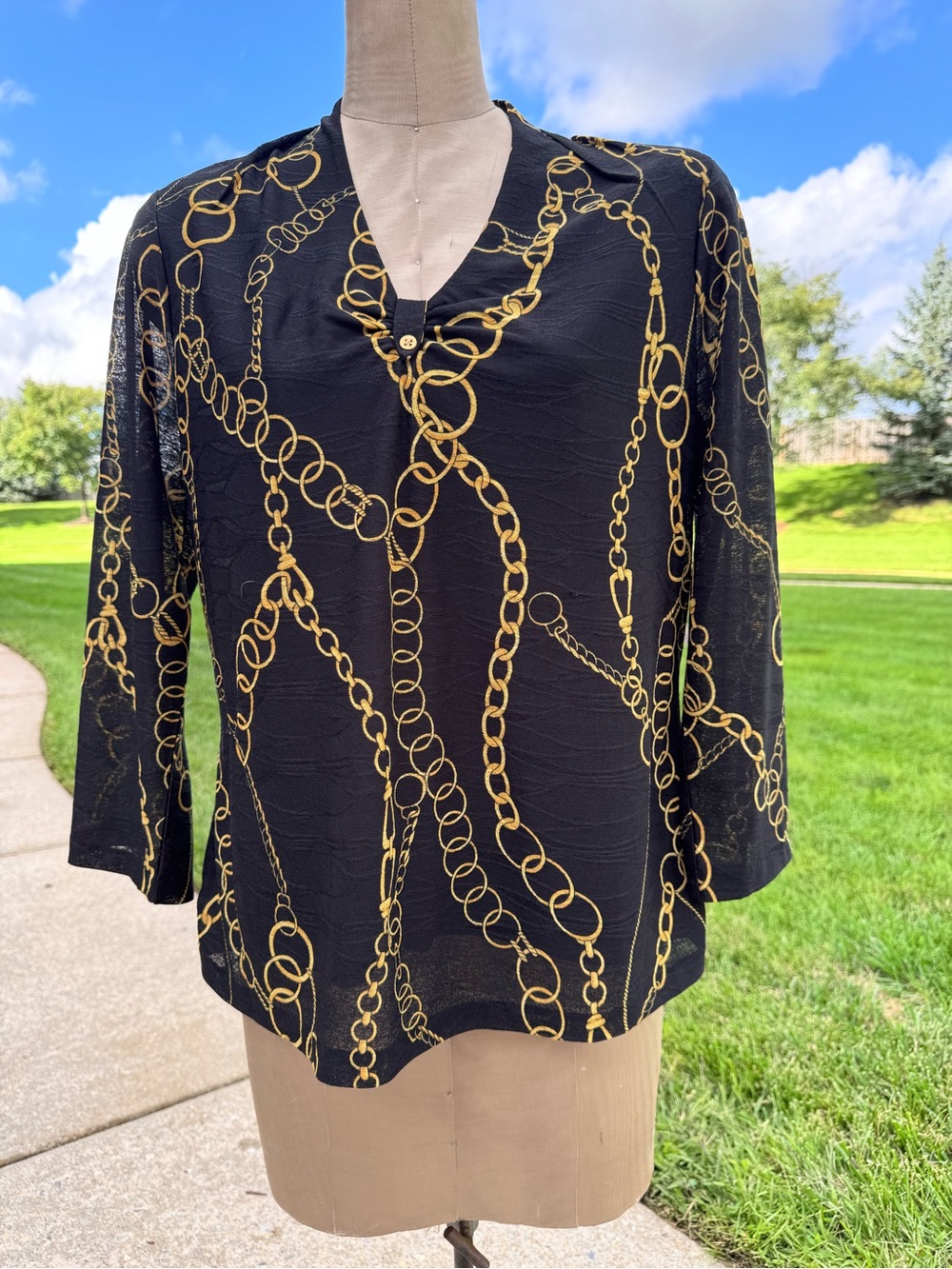 Women's Black V-Neck Blouse with Gold Chain Print